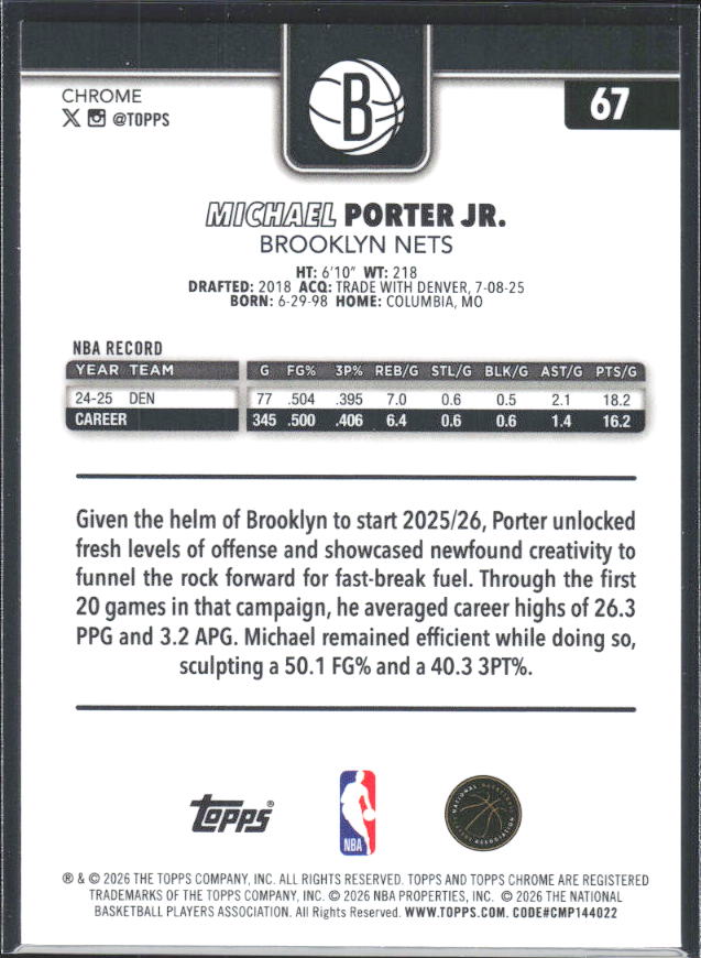 2025-26 Topps Chrome Update #67 Michael Porter Jr. - baksida