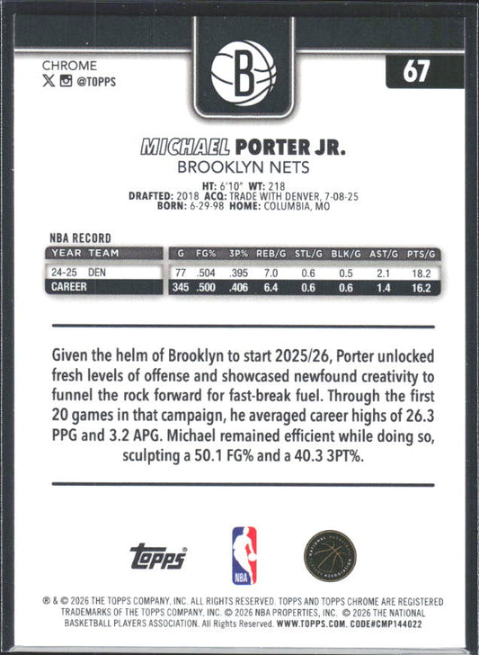 2025-26 Topps Chrome Update #67 Michael Porter Jr. - baksida
