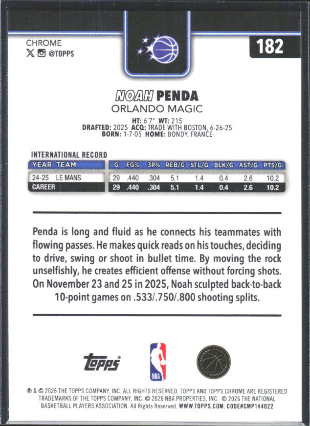 2025-26 Topps Chrome Update #182 Noah Penda - baksida