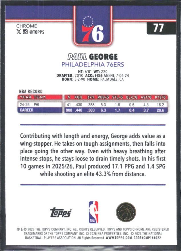 2025-26 Topps Chrome Update #77 Paul George - baksida