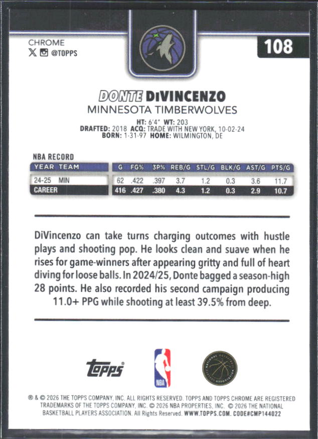 2025-26 Topps Chrome Update #108 Donte DiVincenzo - baksida