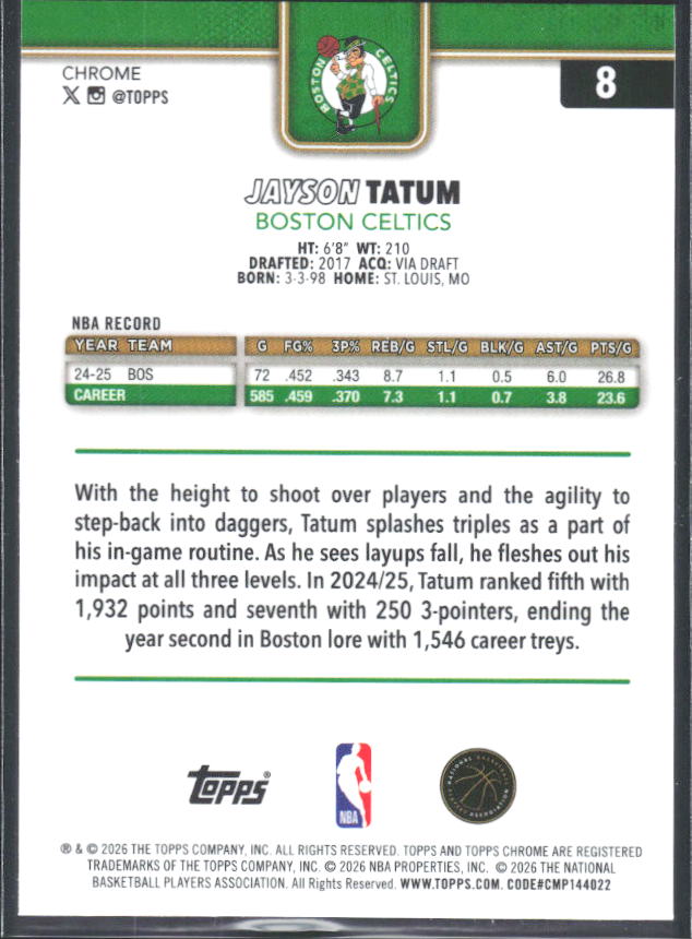 2025-26 Topps Chrome Update #8 Jayson Tatum - baksida