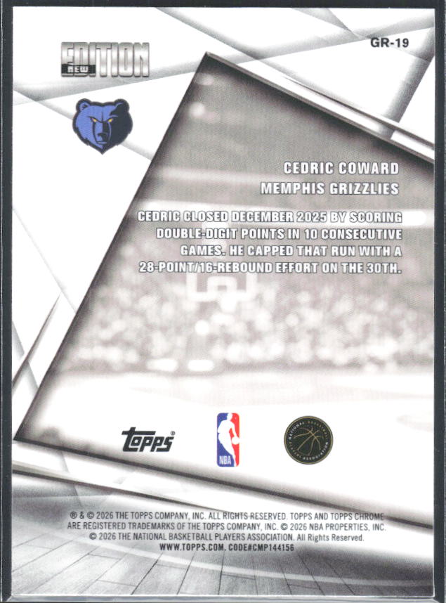 2025-26 Topps Chrome #GR-19 Cedric Coward Generation Rising - baksida