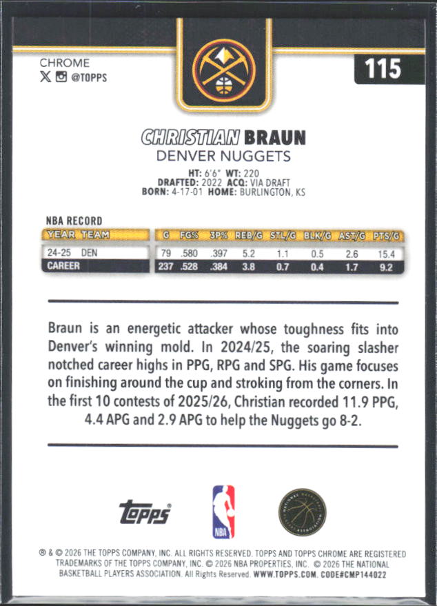 2025-26 Topps Chrome Update #115 Christian Braun - baksida