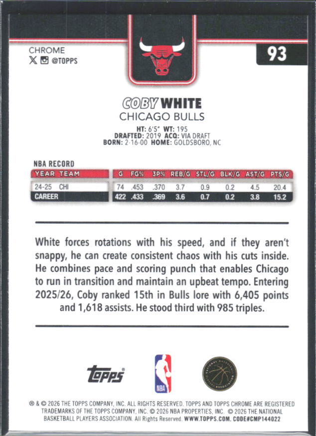2025-26 Topps Chrome Update #93 Coby White - baksida