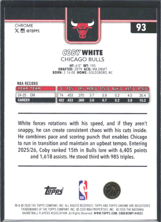 2025-26 Topps Chrome Update #93 Coby White - baksida