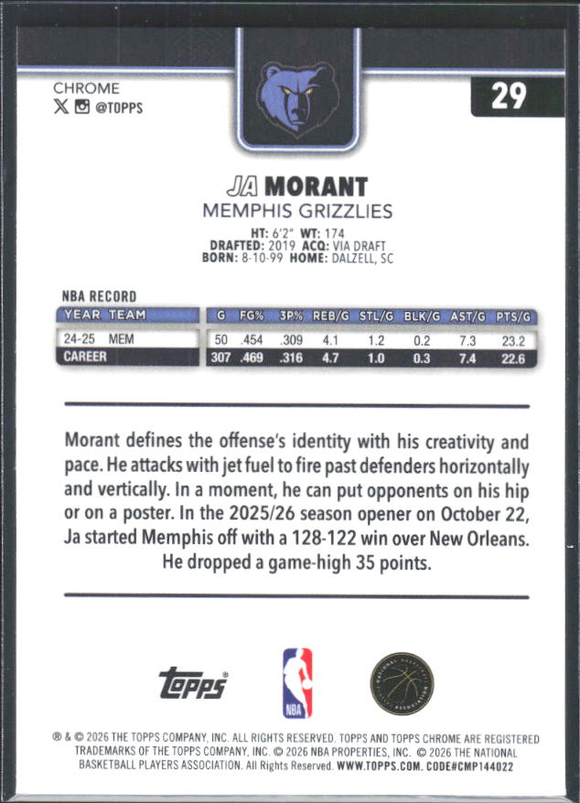 2025-26 Topps Chrome Update #29 Ja Morant - baksida