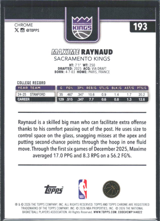2025-26 Topps Chrome Update #193 Maxime Raynaud - baksida