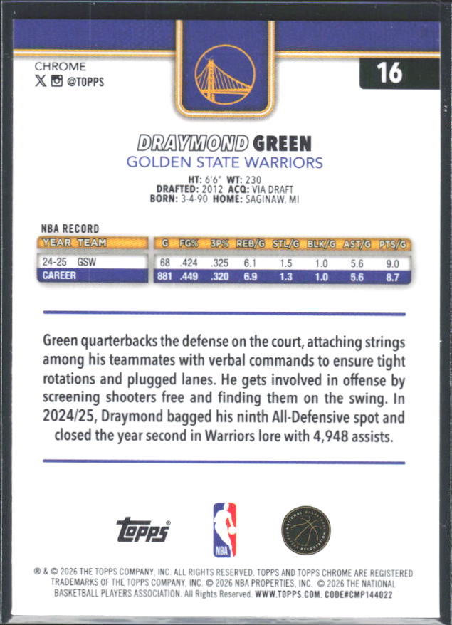2025-26 Topps Chrome Update #16 Draymond Green RayWave Refractor - baksida