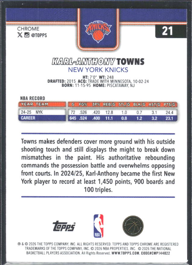 2025-26 Topps Chrome Update #21 Karl-Anthony Towns - baksida