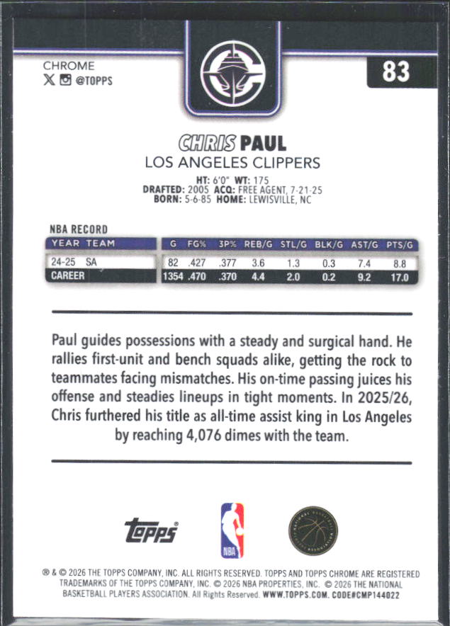 2025-26 Topps Chrome Update #83 Chris Paul RayWave Refractor - baksida
