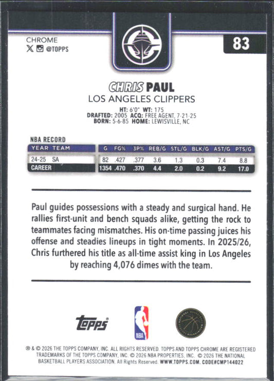 2025-26 Topps Chrome Update #83 Chris Paul RayWave Refractor - baksida