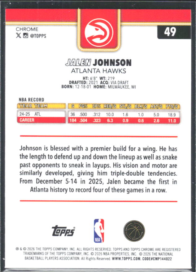 2025-26 Topps Chrome Update #49 Jalen Johnson X-Fractor - baksida