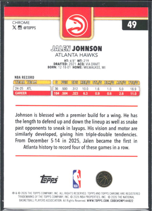 2025-26 Topps Chrome Update #49 Jalen Johnson X-Fractor - baksida