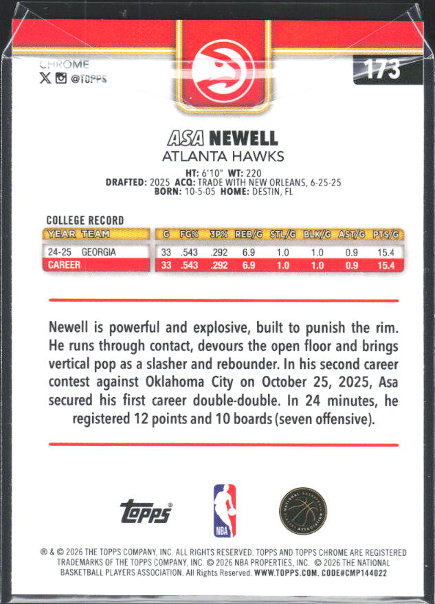 2025-26 Topps Chrome Update #173 Asa Newell - baksida