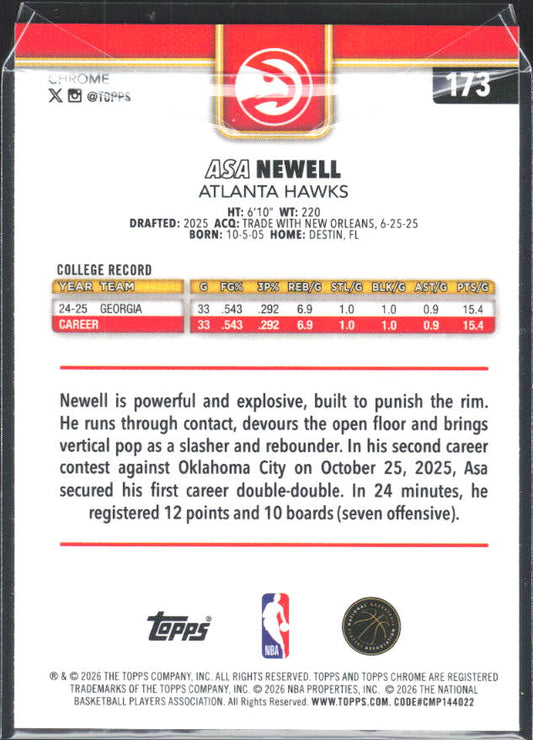 2025-26 Topps Chrome Update #173 Asa Newell - baksida