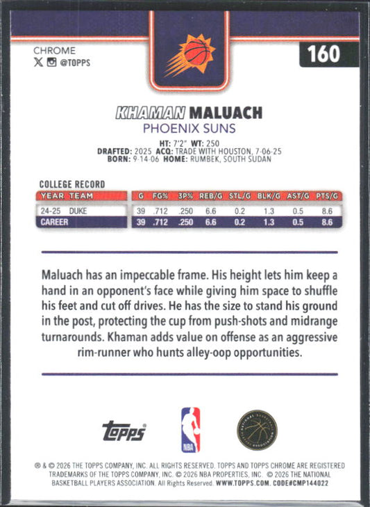 2025-26 Topps Chrome Update #160 Khaman Maluach - baksida