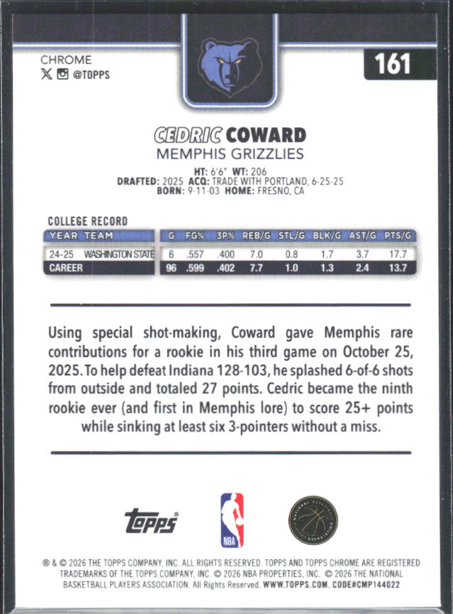 2025-26 Topps Chrome Update #161 Cedric Coward - baksida