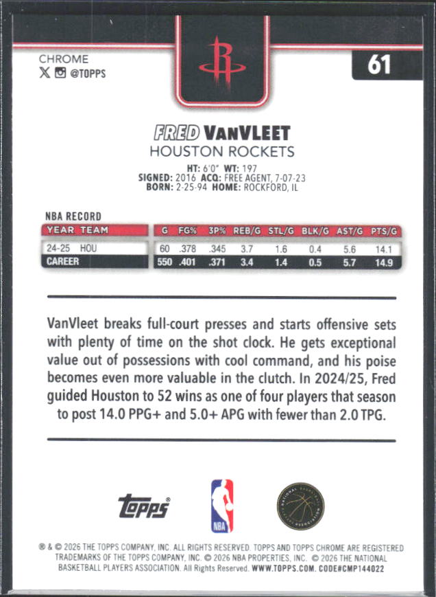 2025-26 Topps Chrome Update #61 Fred VanVleet - baksida