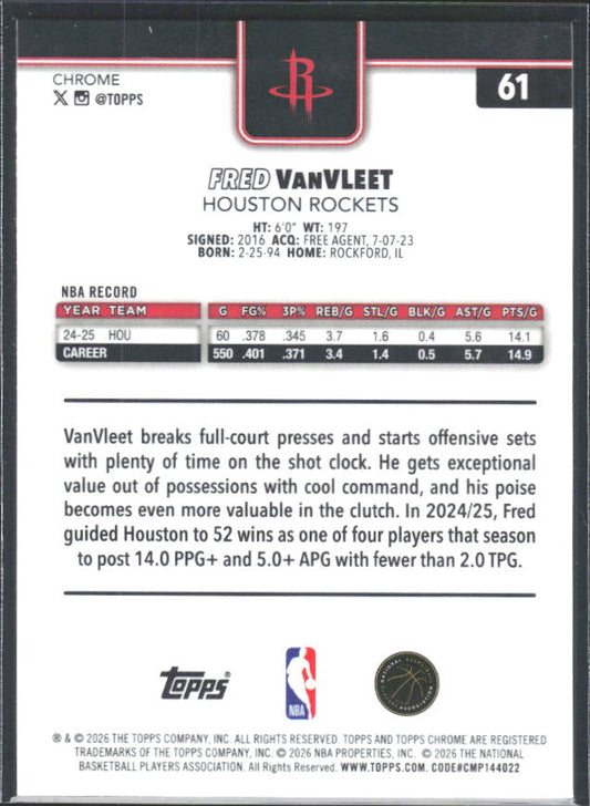 2025-26 Topps Chrome Update #61 Fred VanVleet - baksida