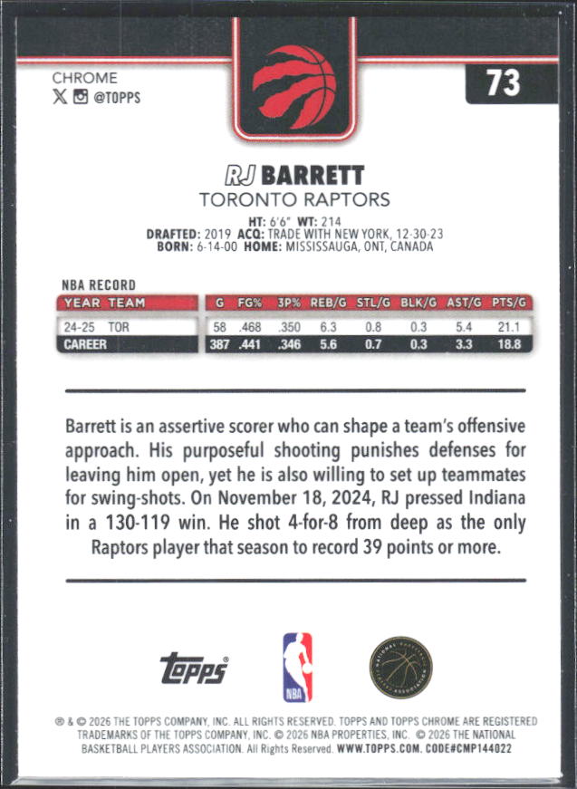 2025-26 Topps Chrome Update #73 RJ Barrett - baksida