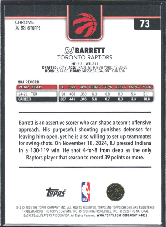 2025-26 Topps Chrome Update #73 RJ Barrett - baksida