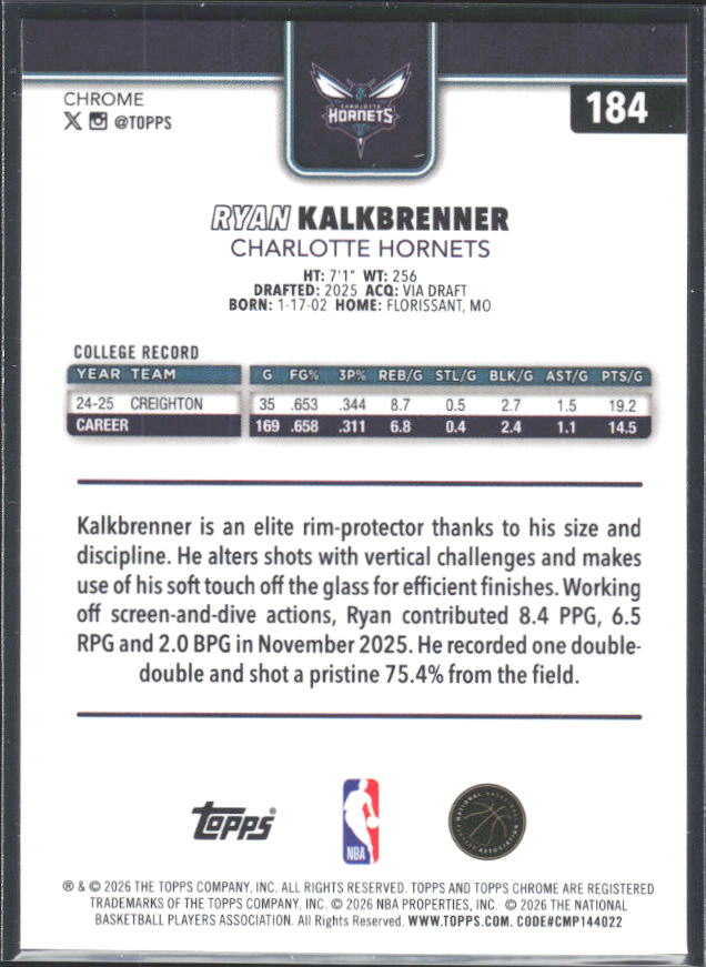 2025-26 Topps Chrome Update #184 Ryan Kalkbrenner - baksida