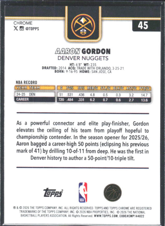 2025-26 Topps Chrome Update #45 Aaron Gordon - baksida