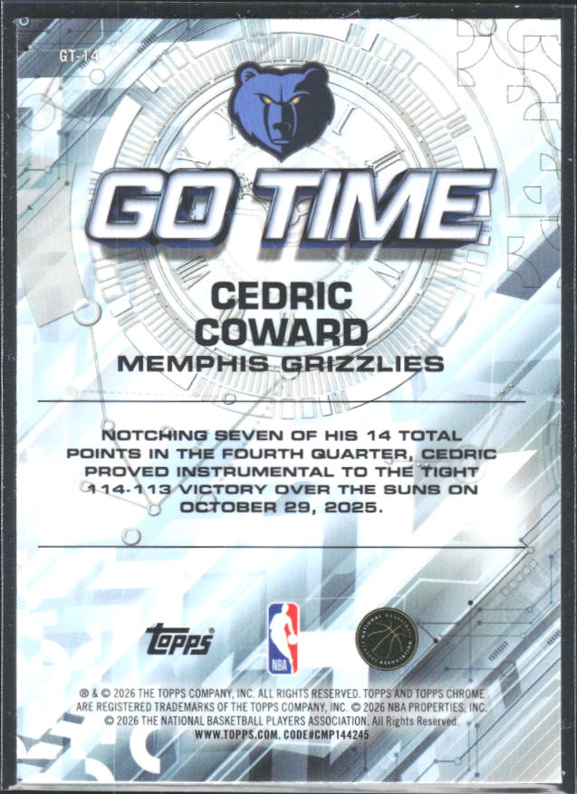 2025-26 Topps Chrome Update #GT-14 Cedric Coward Go Time - baksida