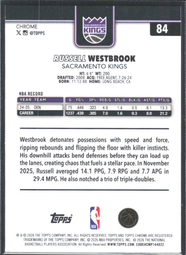 2025-26 Topps Chrome Update #84 Russell Westbrook - baksida