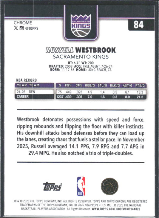 2025-26 Topps Chrome Update #84 Russell Westbrook - baksida