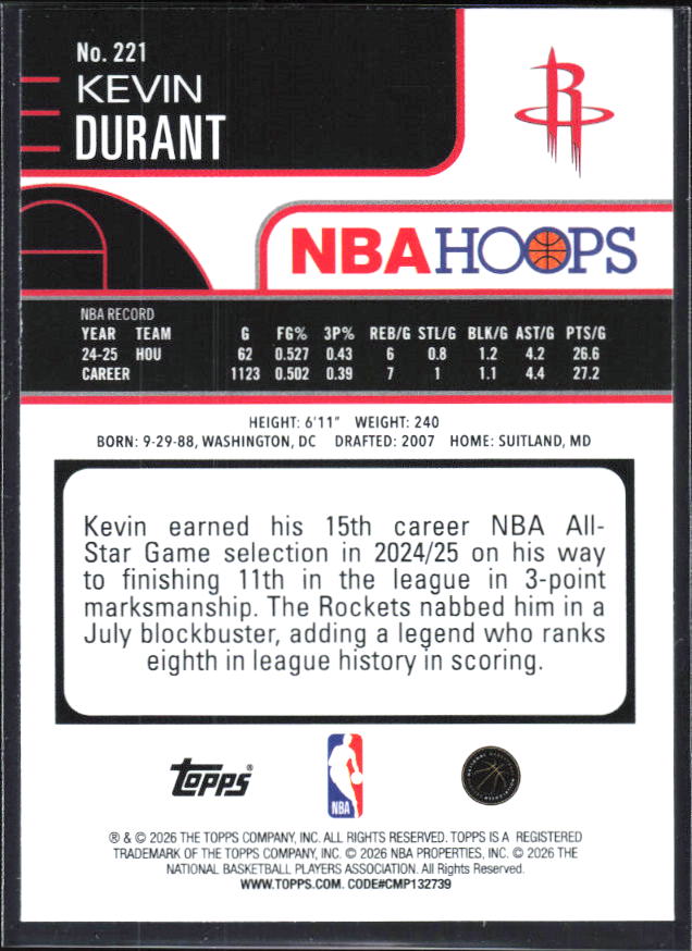 2025-26 Hoops #221 Kevin Durant - baksida