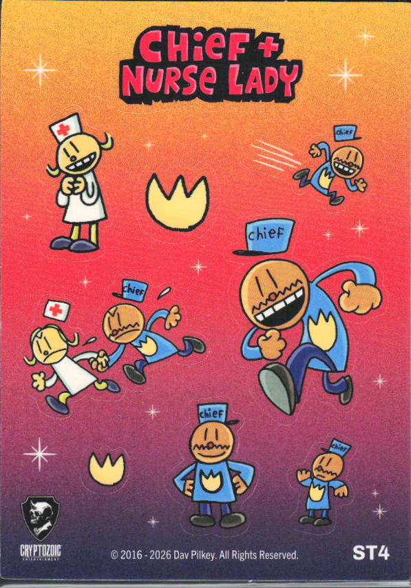 2026 Cryptozoic Dog Man Playpaks: Series 1 #ST4 Chief + Nurse Lady Sticker/Puzzle - framsida
