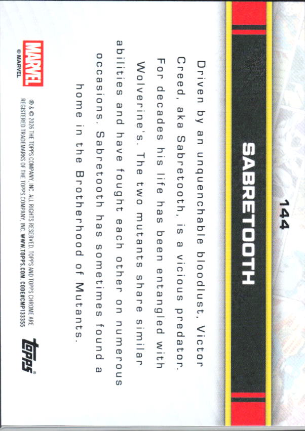 2026 Topps Chrome Marvel Comics #144 Sabretooth - baksida