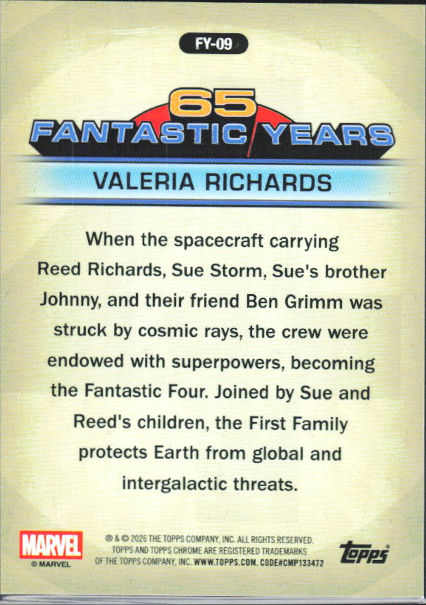 2026 Topps Chrome Marvel Comics #FY-09 Valeria Richards 65 Fantastic Years - baksida