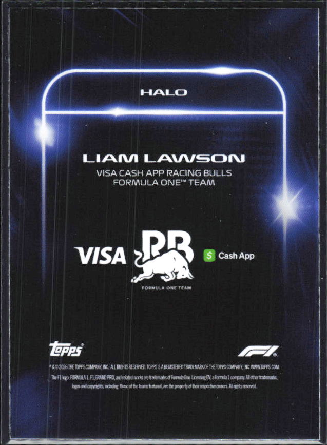 2026 Topps Formula 1 Lights Out Halo Liam Lawson - baksida