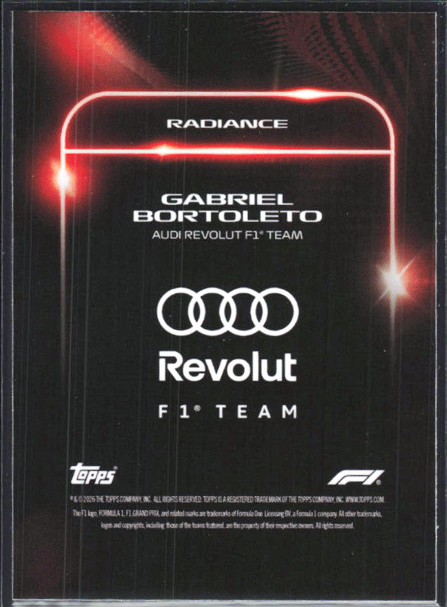 2026 Topps Formula 1 Lights Out Radiance Gabriel Bortoleto - baksida