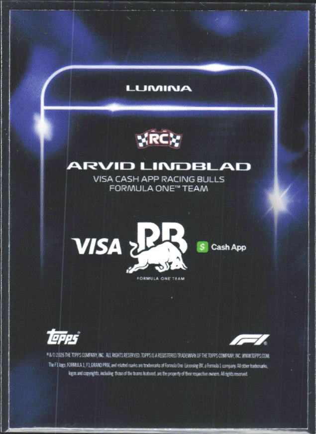 2026 Topps Formula 1 Lights Out Lumina Arvid Lindblad - baksida