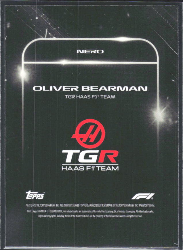2026 Topps Formula 1 Lights Out Nero Oliver Bearman - baksida