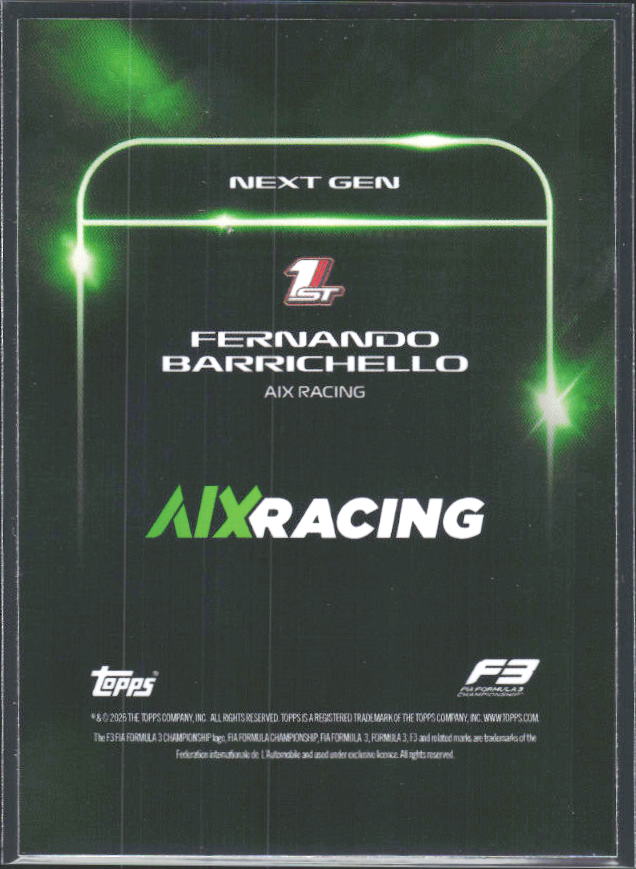 2026 Topps Formula 1 Lights Out Next Gen Fernando Barrichello - baksida