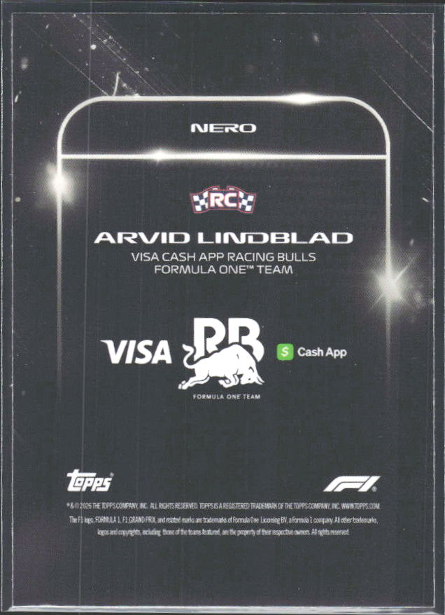 2026 Topps Formula 1 Lights Out Nero Arvid Lindblad - baksida