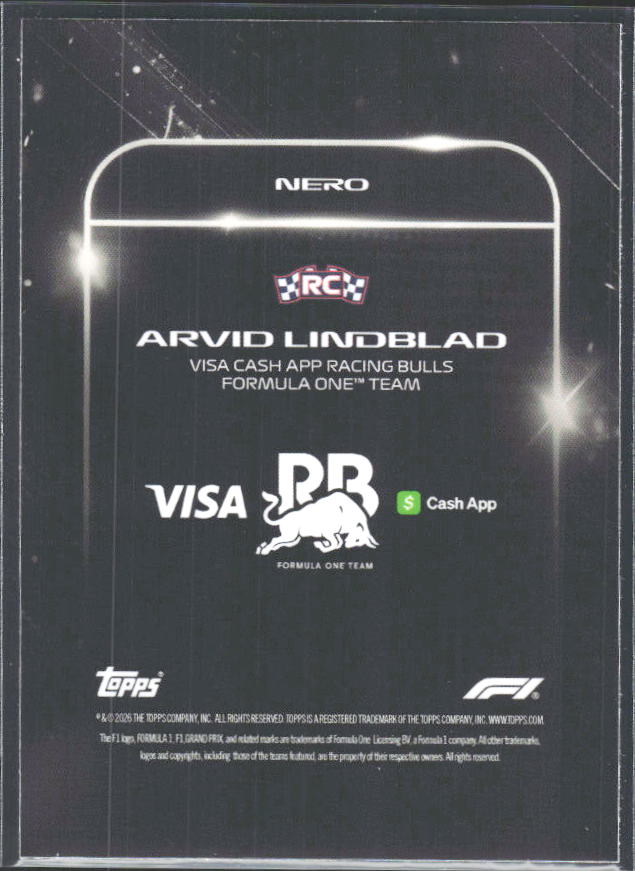 2026 Topps Formula 1 Lights Out Nero Arvid Lindblad - baksida