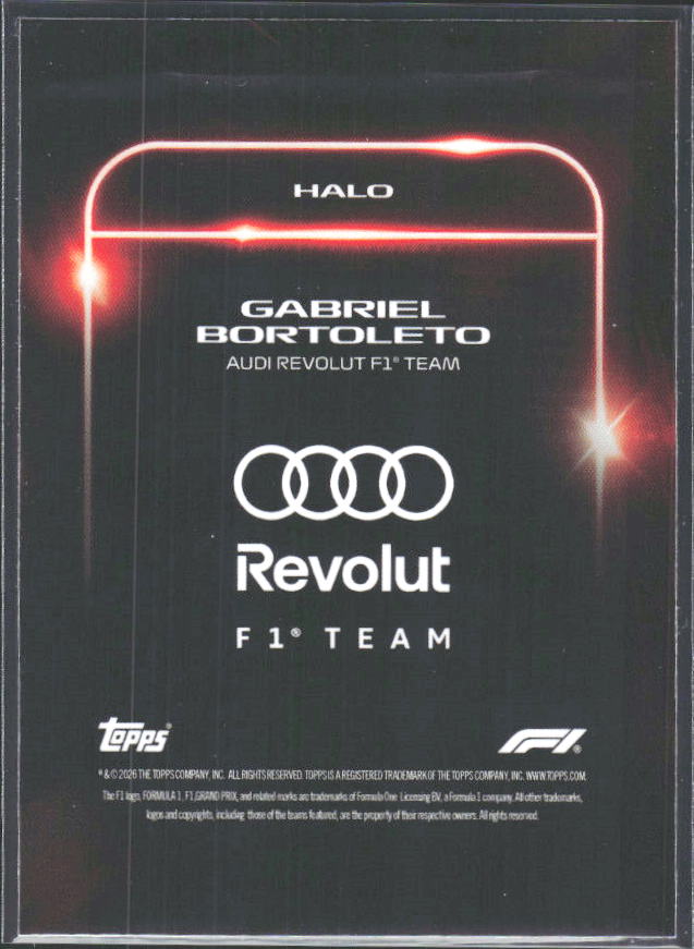 2026 Topps Formula 1 Lights Out Halo Gabriel Bortoleto - baksida