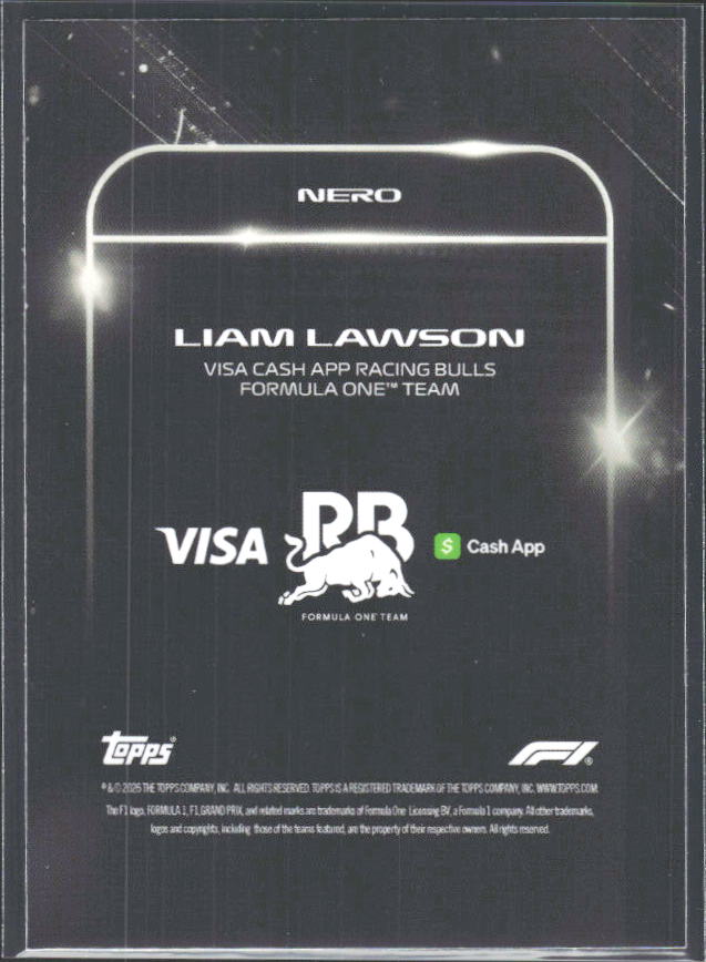 2026 Topps Formula 1 Lights Out Nero Liam Lawson - baksida