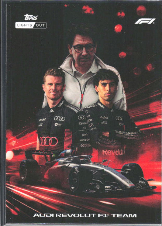 2026 Topps Formula 1 Lights Out Powertrain Mattia Binotto / Nico Hülkenberg / Gabriel Bortoleto - framsida