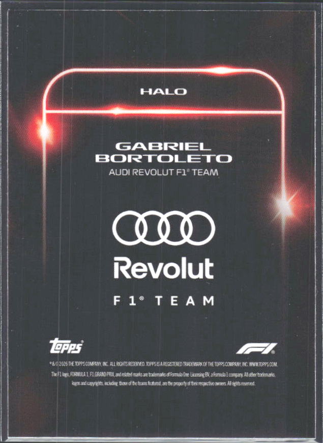 2026 Topps Formula 1 Lights Out Halo Gabriel Bortoleto - baksida