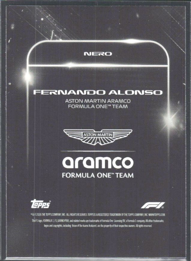 2026 Topps Formula 1 Lights Out Nero Fernando Alonso - baksida