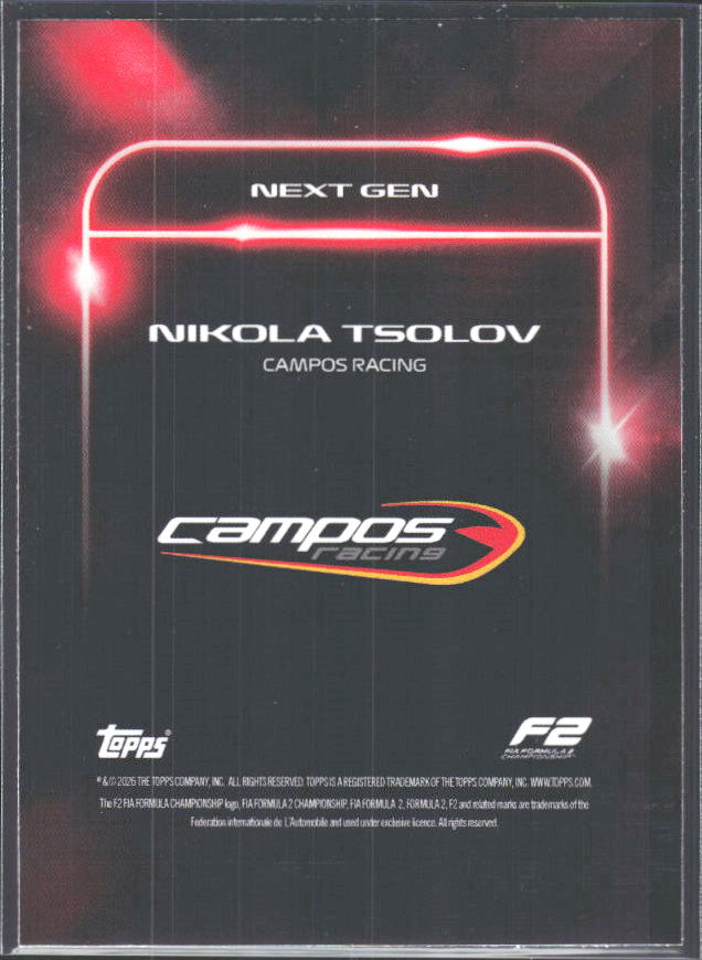 2026 Topps Formula 1 Lights Out Next Gen Nikola Tsolov - baksida