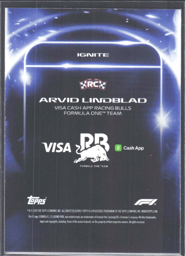 2026 Topps Formula 1 Lights Out Ignite Arvid Lindblad - baksida