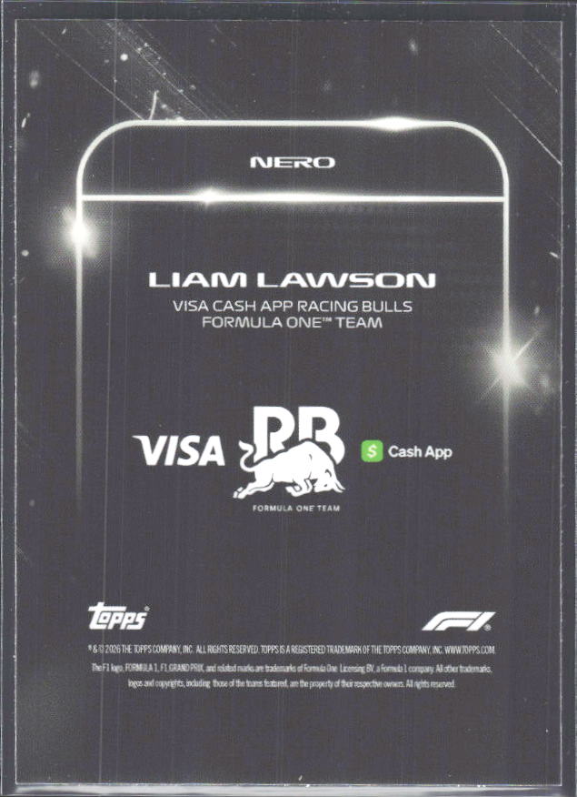 2026 Topps Formula 1 Lights Out Nero Liam Lawson - baksida